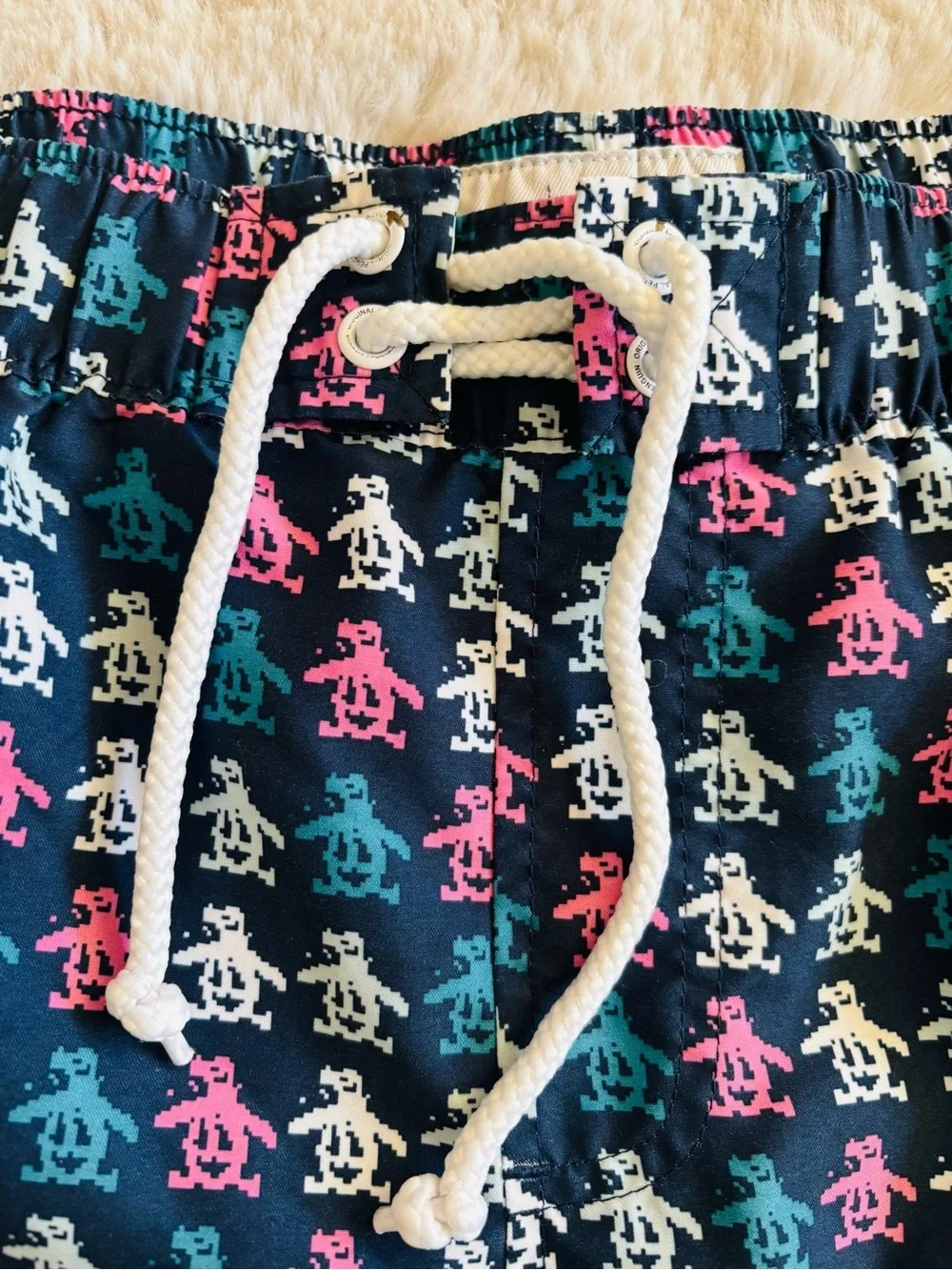 The Original Penguin Swim Shorts Blue All Over Logo 5” Swim Trunks Size: Large